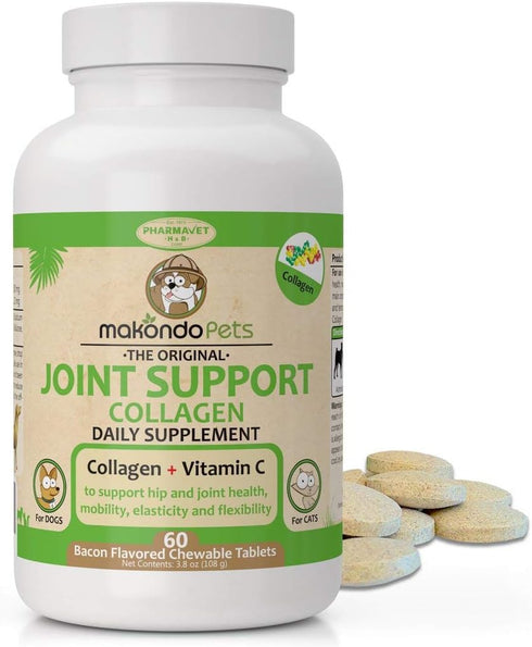 Collagen for Dogs & Cats - Joint Health Supplements with Vitamin C for Mobility - Bacon Flavored Tablets (60 Count)