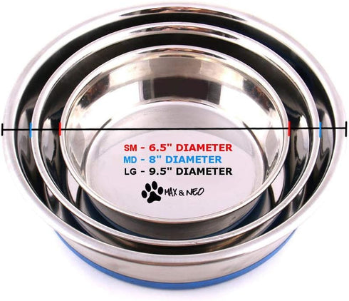 Max and Neo Heavyweight Non-Skid Rubber Bottom Stainless Steel Dog Bowl - Small 32oz, 6.5" Diameter, We Donate a Bowl