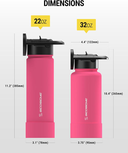 MFMS22 MagicMount 22 oz 12H 24H 22oz, Scosche Flask Stainless Steel Water Bottle with MagSafe Phone Mount Stand, Hot