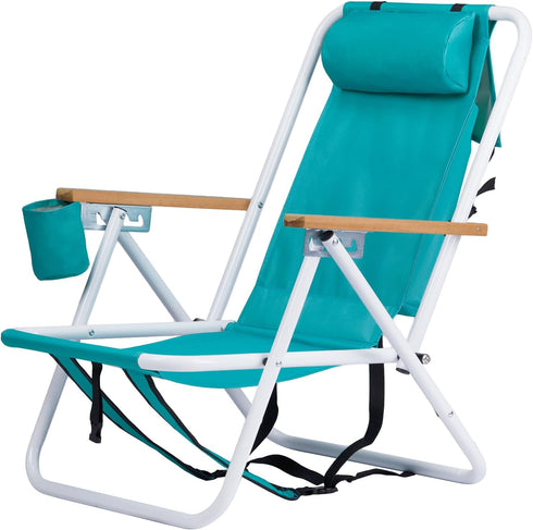 Pinikuyiro 4 Backpack Folding Beach Chair, Position Portable Foldable Camping Chair with Headrest, Cup Holder