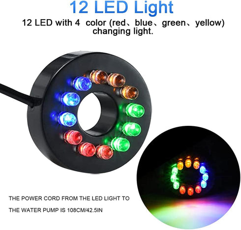 15W 264GPH Submersible Fountain Pump with 12 Colorful LED Lights for Outdoor Pond, Aquarium, Water Feature