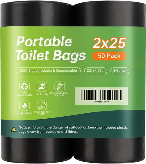 Winmoom 50 portable toilet bags for camping, 8 Gallon 1.3 Mil Thickened Compostable