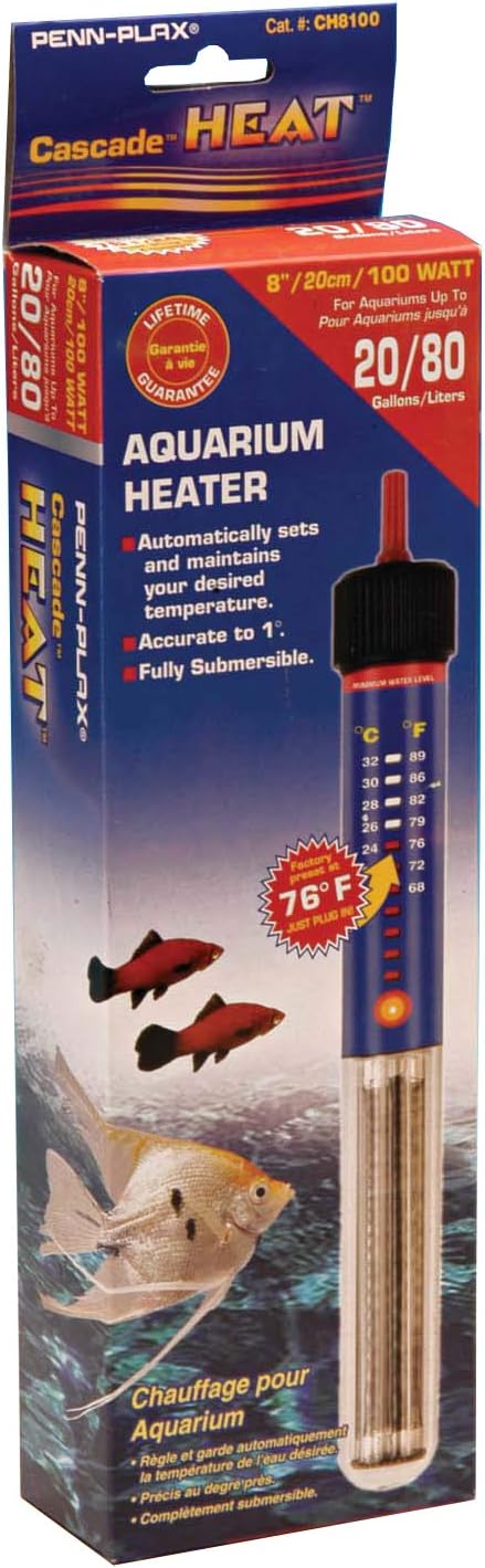 PENN-PLAX Cascade Heat Aquarium Heater, Fully Submersible for Freshwater and Saltwater Fish Tanks, 100 Watt
