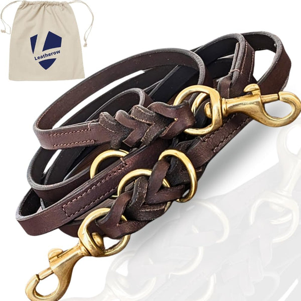 Multi Function 8ft Leather Dog Leash, Genuine Hands Free Training Leash for Small, Medium, Large Dogs (Dark Brown)