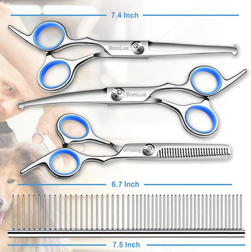 6 in 1 Professional Stainless Steel 4CR Safety Round Tip Dog Grooming Scissors, Anti-Rust Shears Cat Grooming Scissors Pet Kit, Thinning Straight Comb for Long Short Hair-Blue by BamLue