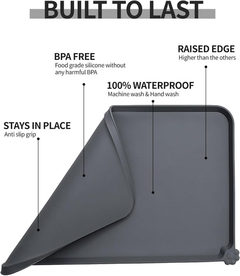 Waterproof Pet Feeding Mat with High Raised Edges, Thicker Placemats for Cat Dog Water Bowl to Prevent Spill