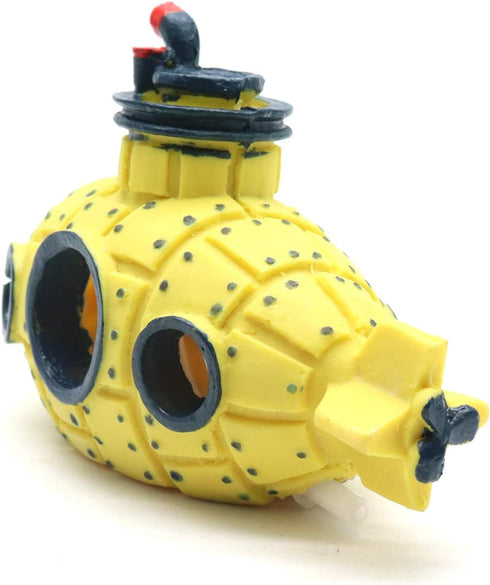 Yellow Submarine Style Bubble Maker Decoration for Fish Tank, Hiding Cave with Air Stone