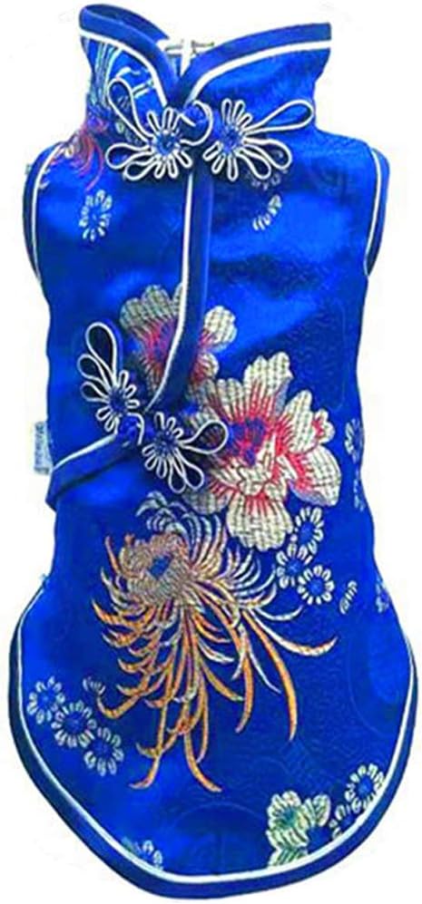SEIS Pet Costume Tang Suit Dog Cheongsam Satin Clothes, Chinese Style Clothing for Dogs, Pet Skirt Dress (Blue, M)