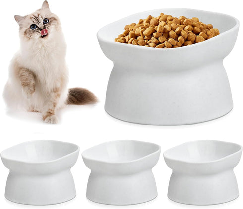 4 Pieces Plastic Tilted Elevated Cat Bowls, White Raised Cat Food & Water Bowls for Flat Faced Cats