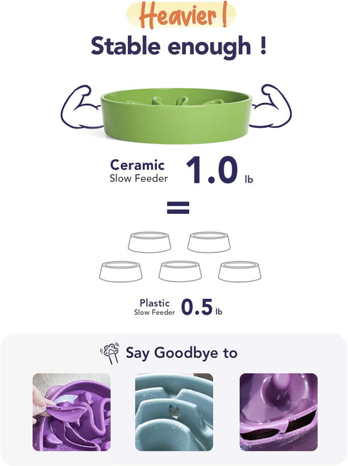 LE TAUCI Ceramic Slow Feeder Dog Bowls for Small Breed, 0.6 Cups Dog Food Dish for Fast Eaters, Green