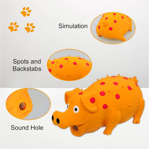 Andiker 8" Dog Squeaky Toy, Dots Latex Chew Toy with Oinks Sound, Grunting Pig for Dental Biting and Play (Orange)