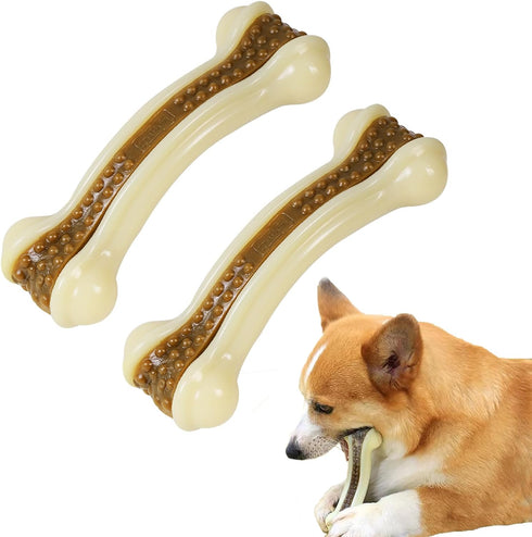 Dog Bones for Aggressive Chewers, 2 Pack Real Beef Flavor Teething Toys for Medium/Small Breeds, Durable Nylon Chew Toys