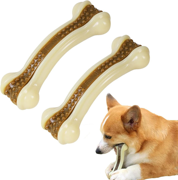 Dog Bones for Aggressive Chewers, 2 Pack Real Beef Flavor Teething Toys for Medium/Small Breeds, Durable Nylon Chew Toys