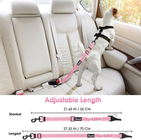 SlowTon Adjustable Dog Seat Belt, 2 in 1 Safety Leash with Elastic Nylon Bungee Buffer, Reflective Tether (Pink)