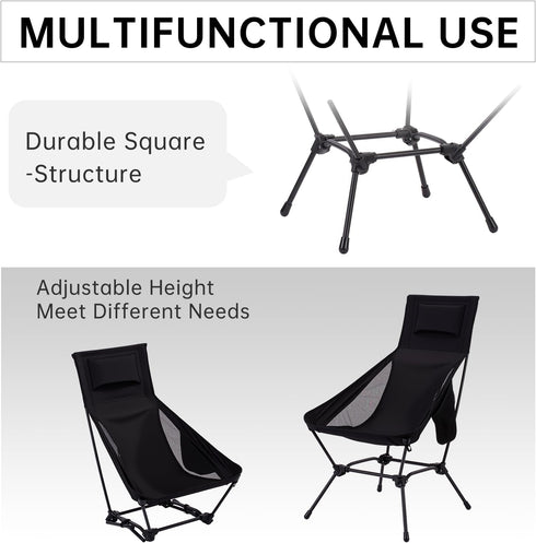 2-in-1 Backpacking High Back Folding Camping Chair with Pillow, Lightweight Portable Chair for Adults, Height