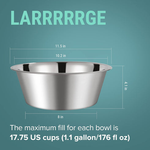 1.1 Gallon Extra Large Dog Bowls, 2 Pack, XL Stainless Steel Dog Water Bowls for XLarge Dogs, Polished, Dishwasher Safe, Easy to Clean