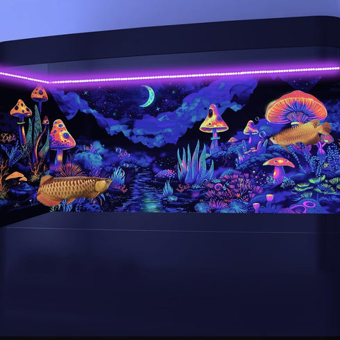 24X12IN Blacklight Mushroom Flower Aquarium Background - UV Moonlight Mountain Forest Landscape with Tape