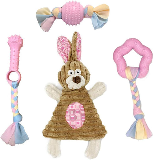 Puppy Toys for Teething Small Dogs - Interactive Chew Toy Soft Rubber Cute Pink Bunny, Small Breed 4-Pack