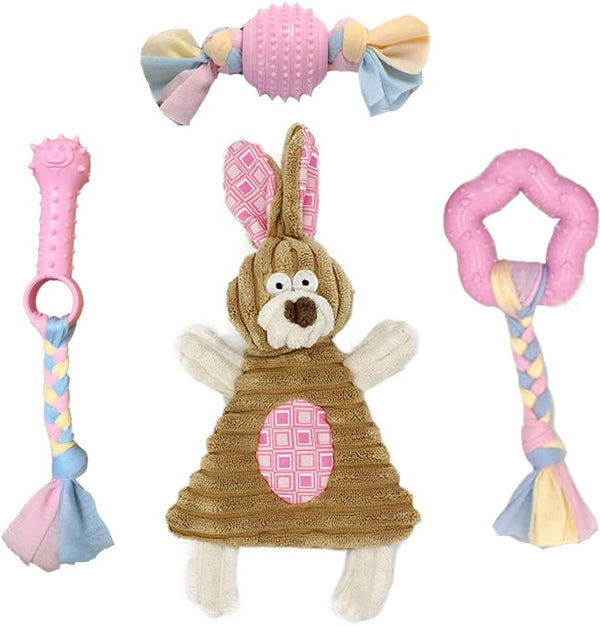 Puppy Toys for Teething Small Dogs - Interactive Chew Toy Soft Rubber Cute Pink Bunny, Small Breed 4-Pack