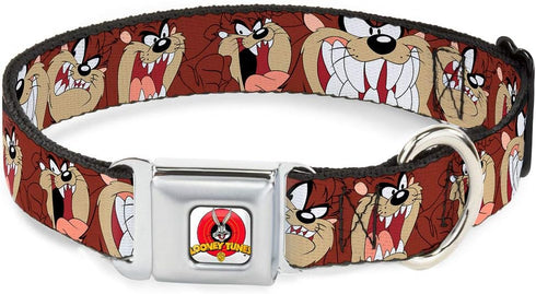 Dog Collar Seatbelt Buckle, Tasmanian Devil Expressions, Brown, 18 to 32 Inches, 1.5 Inch Wide
