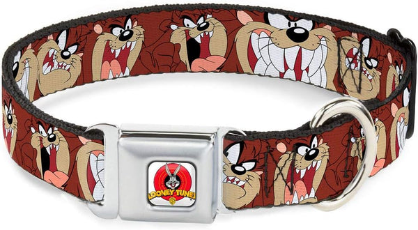Dog Collar Seatbelt Buckle, Tasmanian Devil Expressions, Brown, 18 to 32 Inches, 1.5 Inch Wide