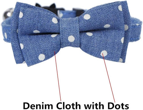 THAIN Breakaway Cat Collar with Bell and Bow Tie, Adjustable Denim Dots Safety Buckle with Name Tag for Kittens
