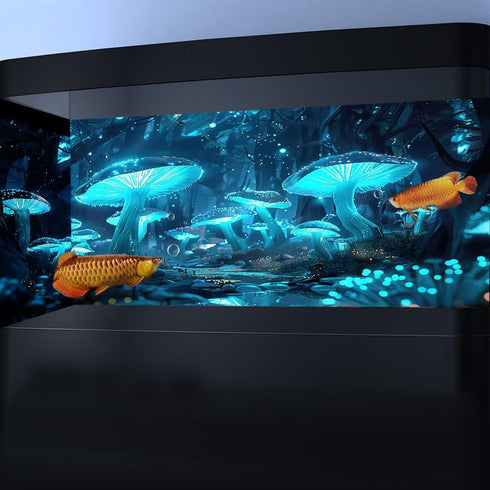 24X16IN Blacklight Cyan Mushroom Black Light Aquarium Background UV Reactive Background Starry Sky Moonlight Terrarium Background with 10 EVA Double-Sided Tape