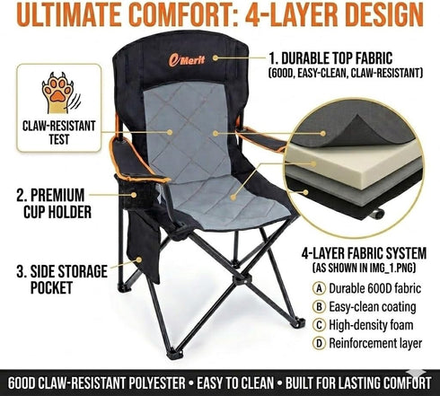 350LB EMERIT Oversized Padded Camping Chair, Heavy Duty Quad Fold Chair with Arms, Collapsible Outdoor Chairs