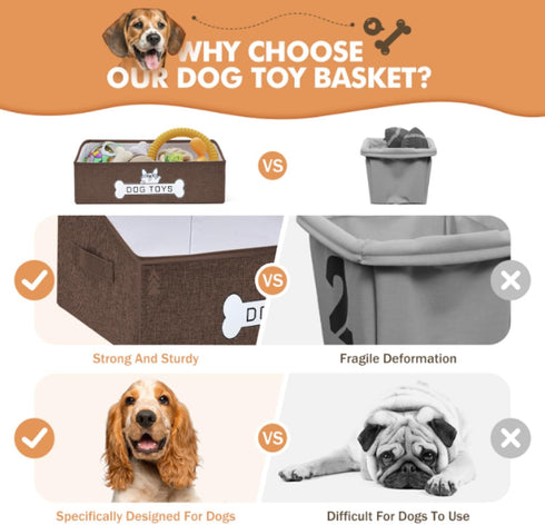 Dog Toy Basket, Collapsible Dog Toy Box with Handle for Pet Toy Storage, Perfect for Storing Accessories (Brown)