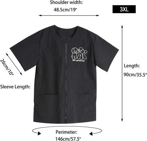 Noverlife Short Sleeves Pet Grooming Work Clothes, Full Zipper, 3XL Size, Splash Proof Anti-Static Smock for Groomers