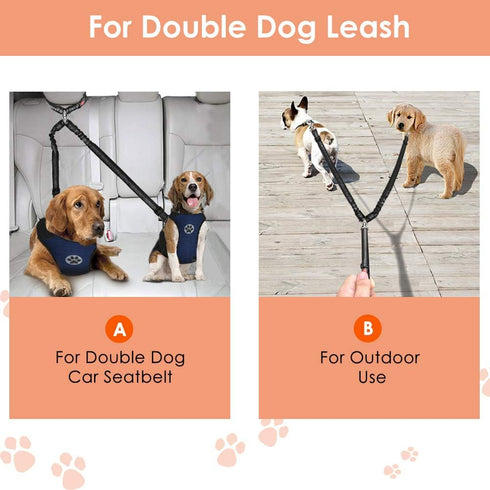 Double Dog Seat Belt, New Dual Pet Car Headrest Restraint Safety Seatbelt for 2 Dogs, Adjustable Elastic Bungee