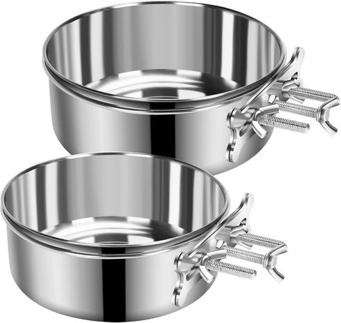 Dog Food Water Bowl with Clamp Holder, Stainless Steel Non-Spill Hanging Bowls for Small Medium Large Dogs (Silver, M)