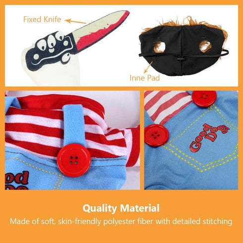 Dog Deadly Doll Costume, Pet Halloween Chucky Cosplay Accessories with Wig & Knife for Puppy, Cat, L Size (F)