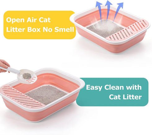 Open Top Cat Litter Box, Large Foldable Cat Potty Height-Adjustable Sides Anti-Splash, Open Air Kitty Litter Pan No