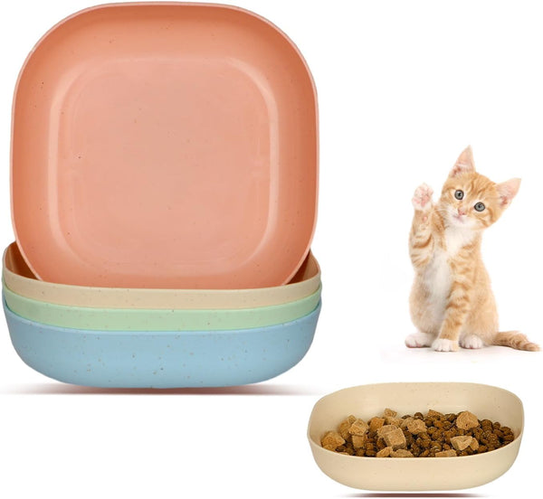 Cat Food Bowl Set - 6 Inch Wide Shallow Dish for Whisker Fatigue Relief, 4Pcs for Cats and Small Dogs