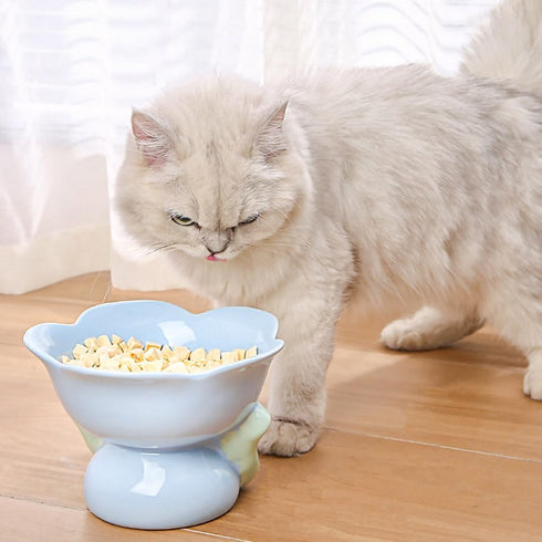 Flower Shape Ceramic Raised Cat Bowl, 8 OZ Pet Food and Water Bowl for Cats and Dogs - Blue - 1 PCS