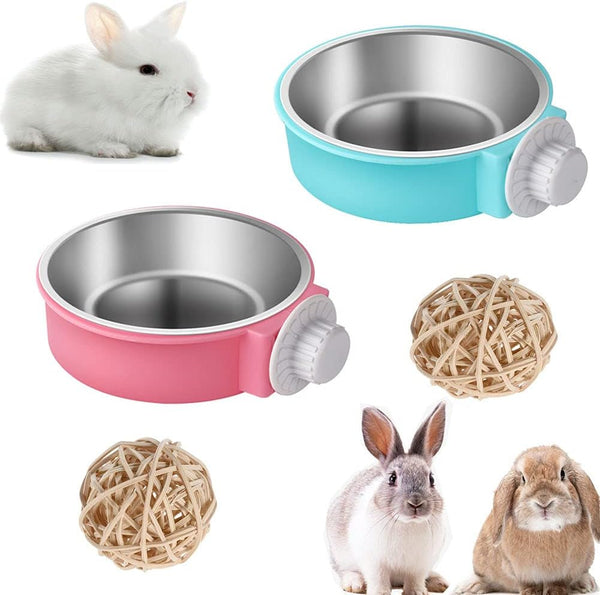 Rabbit Bowls Set - Big Pet Bunny Food Bowls and Stainless Steel Hanging Water Feeder