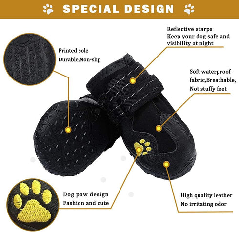 Waterproof Dog Boots, Outdoor Shoes for Medium to Large Dogs, Reflective Fastening Straps, Rugged Anti-Slip Sole (Black