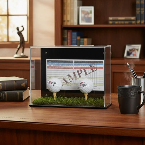 Golf Ball Display Case Stand with Turf Base, for balls from Hole-in-One or Best Score Games with backing to hold the