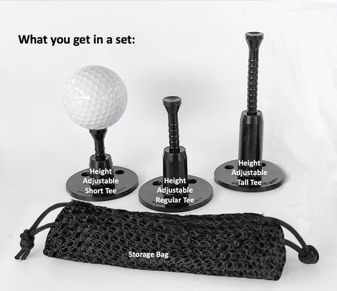 infiniTEE Height Adjustable Golf Tee Set, 3 Tees (Short, Regular, Tall) with Storage Bag for Driving Range Mats