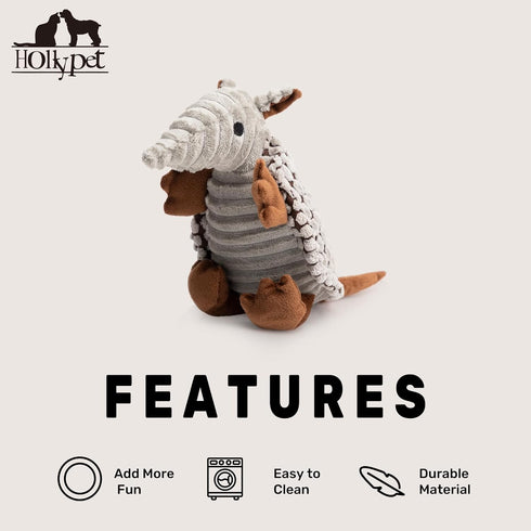 Hollypet Plush Dog Squeaky Toy Stuffed Armadillo, Chew Toys for Small Medium Large Dogs, Gray, 8 in
