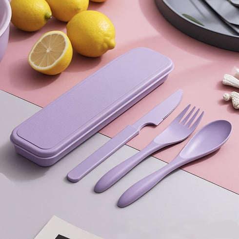 ZQtyf Set 5 Sets Set, (5 Travel Utensils - Reusable Wheat Straw Plastic Cutlery with Case, Portable Forks Spoons