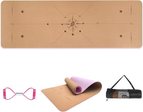 Numat Cork Yoga Mat 6mm Thick 72 x 24 in, Eco-friendly Non-Slip, Lightweight TPE Foam with Alignment Lines, Black
