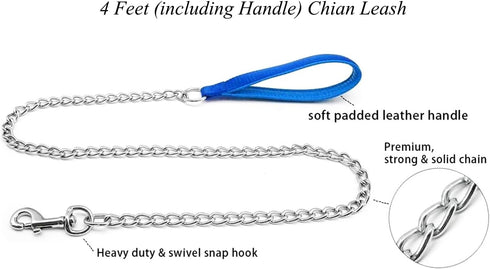 Chrome Plated Chain Dog Leash with Soft Padded Handle for Small Dogs (S, Blue Handle)