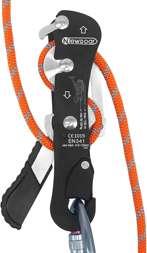 NewDoar Climbing Stop Descender Rappelling Belay for Ropes 10-12mm, CE Certified for Novices, Rescue & Arborist