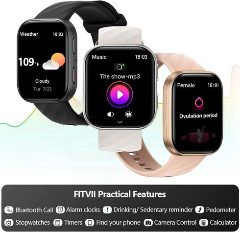 FITVII 24/7 120+ Health & Fitness Tracker (Answer/Make Calls), Smart Watch with Heart Rate and Blood Pressure, Sleep