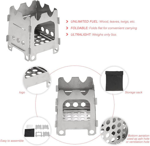 Lixada Lightweight Camping Wood Stove, Folding Stainless Steel Wood Burning Stove for Outdoor Camping, Hiking, BBQ