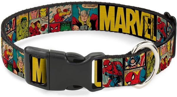 Dog Collar Plastic Clip Marvel Retro Comic Panels, Black Yellow, 6 to 9" Wide