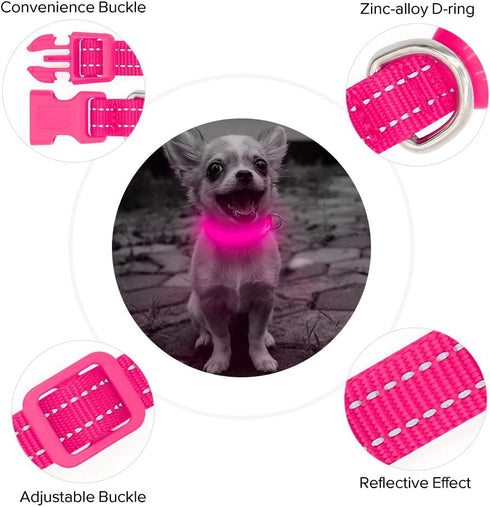 BSEEN Light Up Dog Collars, Rechargeable Glowing LED Collar for Small Dogs & Cats (Pink)