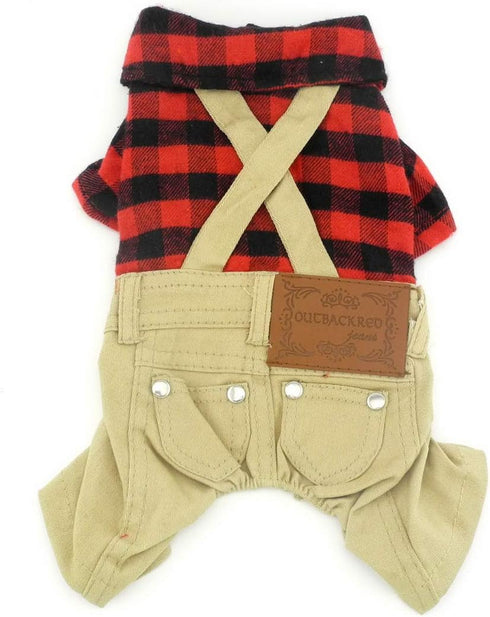 SMALLLEE_LUCKY_STORE Pet Clothes for Small Dog Cat Red Plaid Sweater with Khaki Overalls Pants Jumpsuit Outfits XS